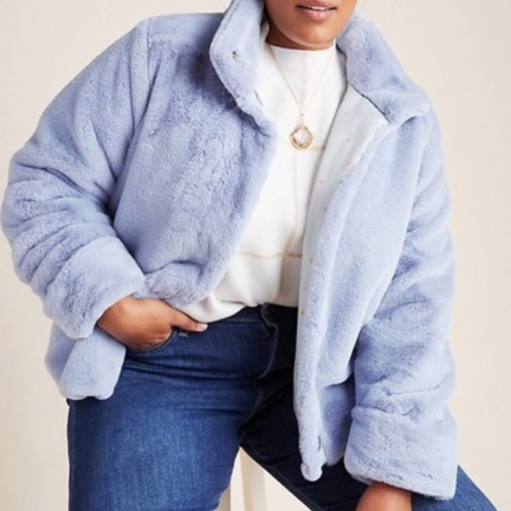 NWT Anthropologie A+ Moonlight Faux Fur Jacket in Sky Blue 2x Plus Size - Picture 1 of 9